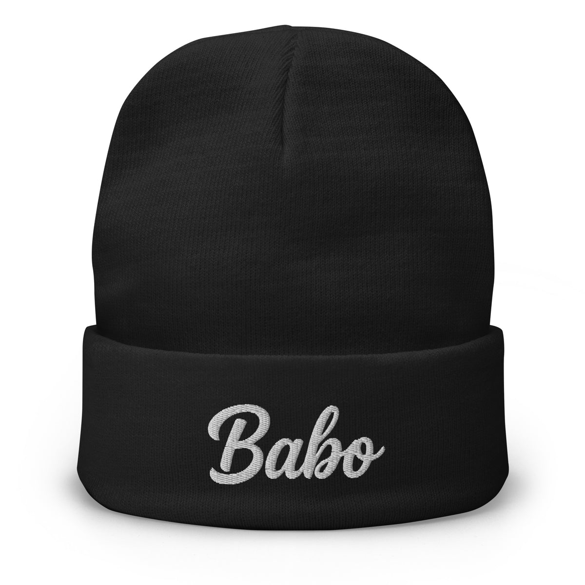 Black beanie with white embroidery