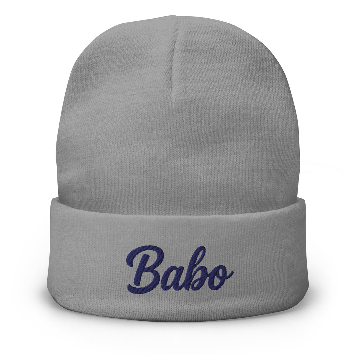 Gray beanie with navy embroidery
